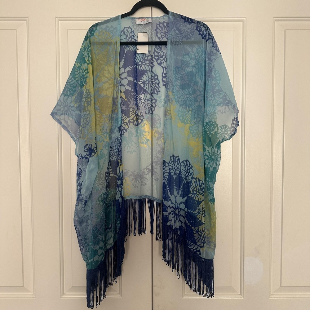 Sol & Mer Cover Up Womens O/S Blue Marine Aqua‎ Floral Sheer Fringe Kimono Beach